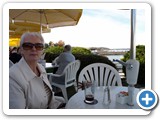Denise at lunch (with local beer) at the Bar Harbor Inn