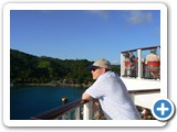 Peter on ship looking back at Roatan